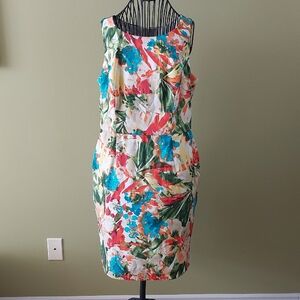 Evan Picone Tropical Floral Midi Sheath Dress in Teal, Green & Coral